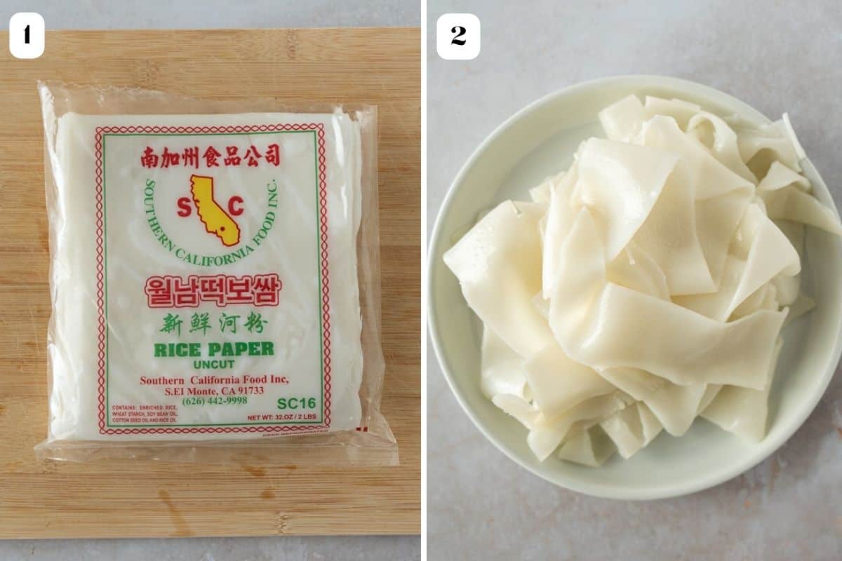 2 images of fresh rice noodles.