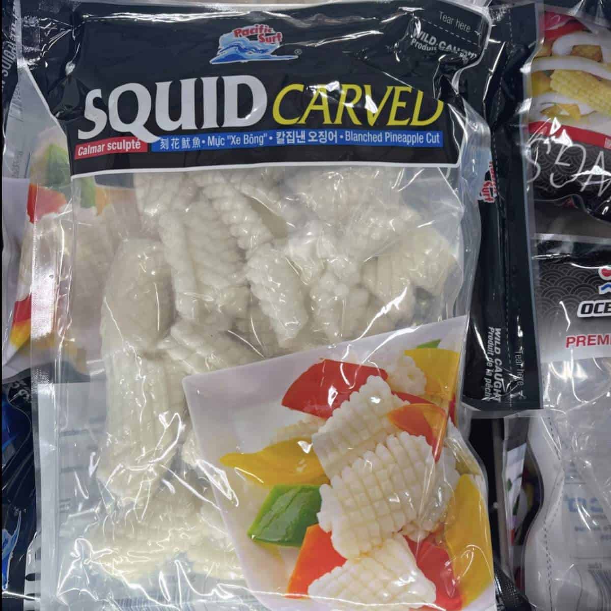 Frozen squid in package.
