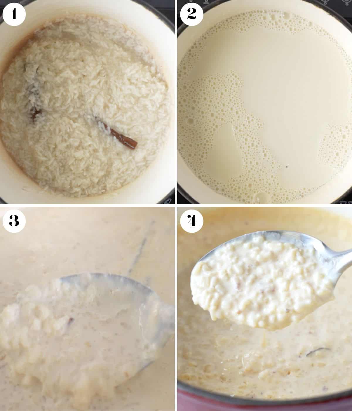 Collage showing the steps for making rice pudding.