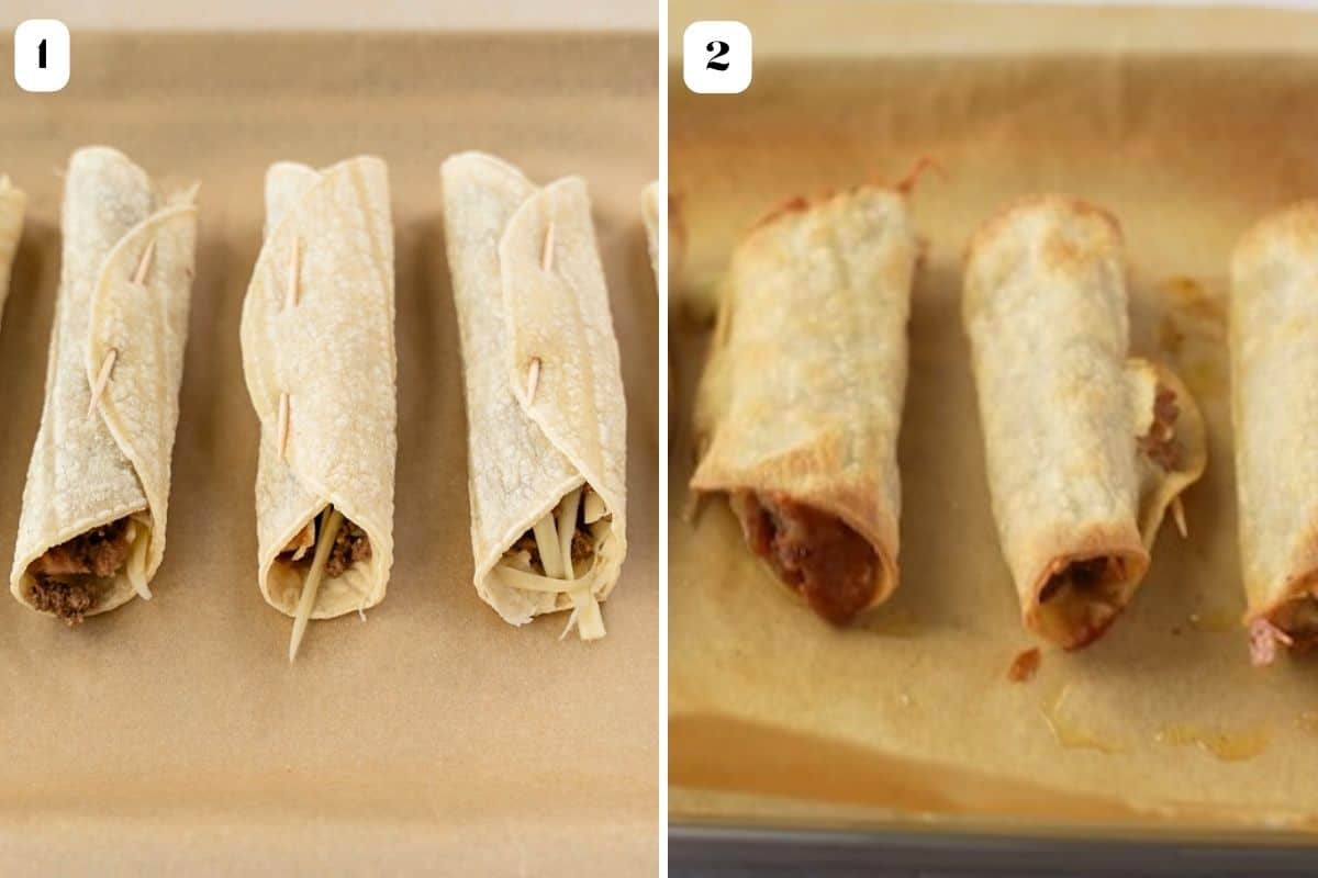 2 photography of rolled taquitos on a baking sheet for the baked version.