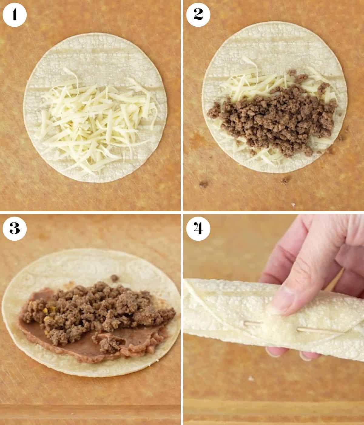 4 Images in a collage on how to roll a taquito.