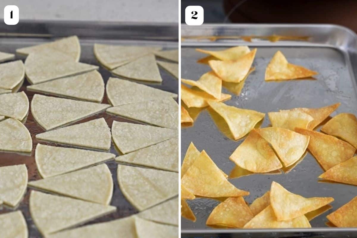 Two image collate of tortilla chips unbaked and baked.