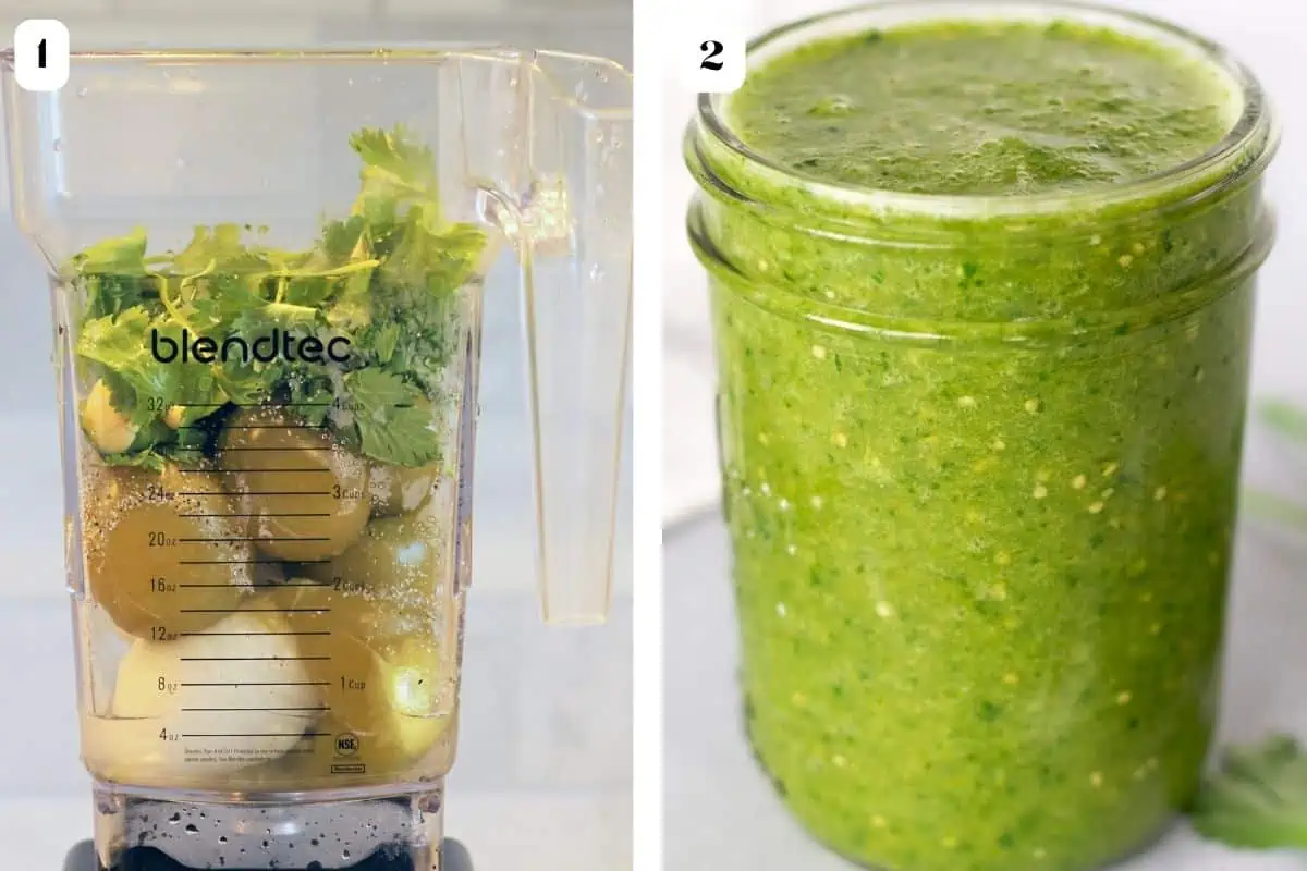 Two image collage of salsa verde ingredients in a blender and blended salsa.