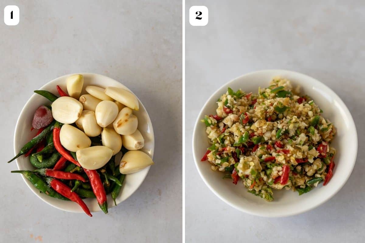 Collage of garlic cloves and Thai peppers (whole and crushed)