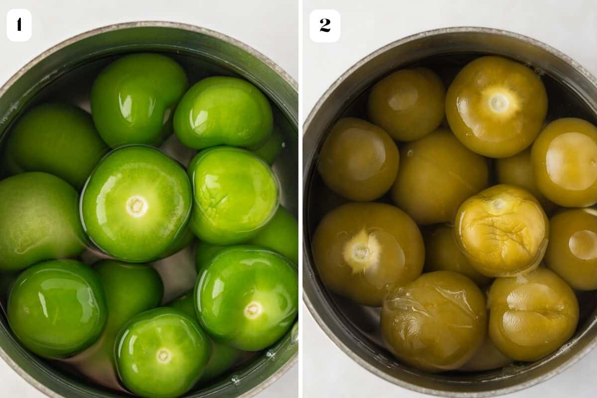 Two image collage of raw and cooked tomatillos in a pot.