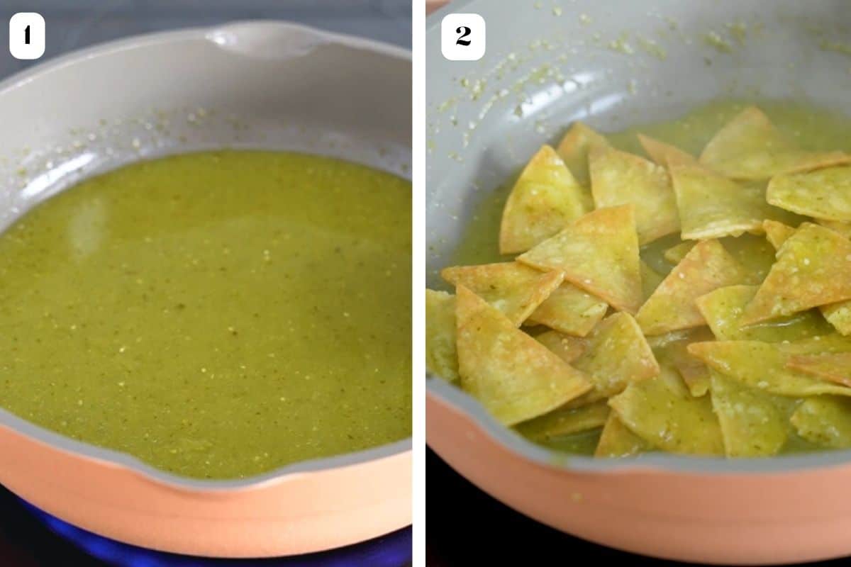 Two image collage showing salsa verde in a skillet and tortilla chips.