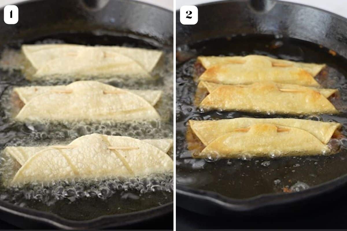 2 images showing how to fry ground beef taquitos in oil.
