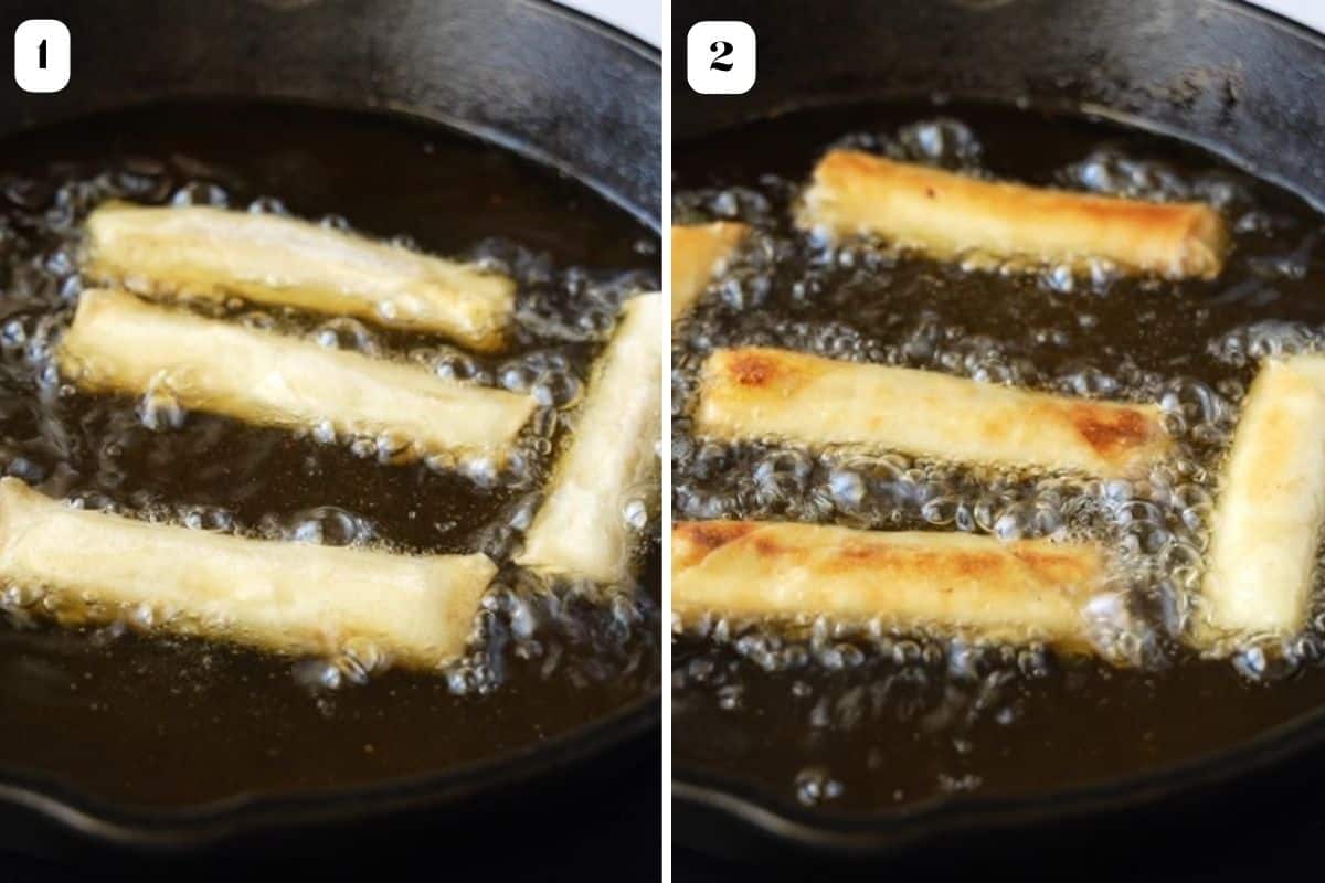 2 images of banana rolls being deep fried.