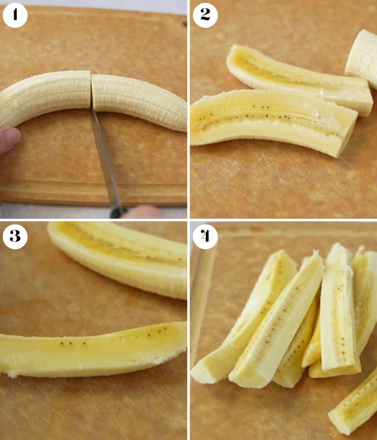 Four image collage showing how to slice banana.