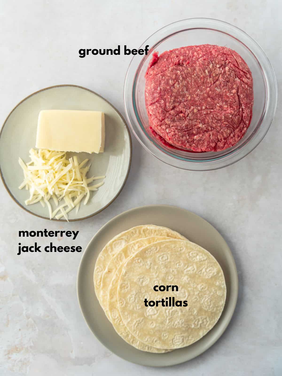 Ingredients with text for ground beef taquitos.