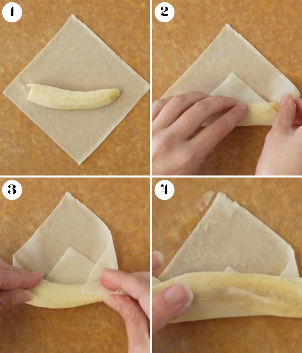 Four image collage showing how to roll the banana spring rolls.