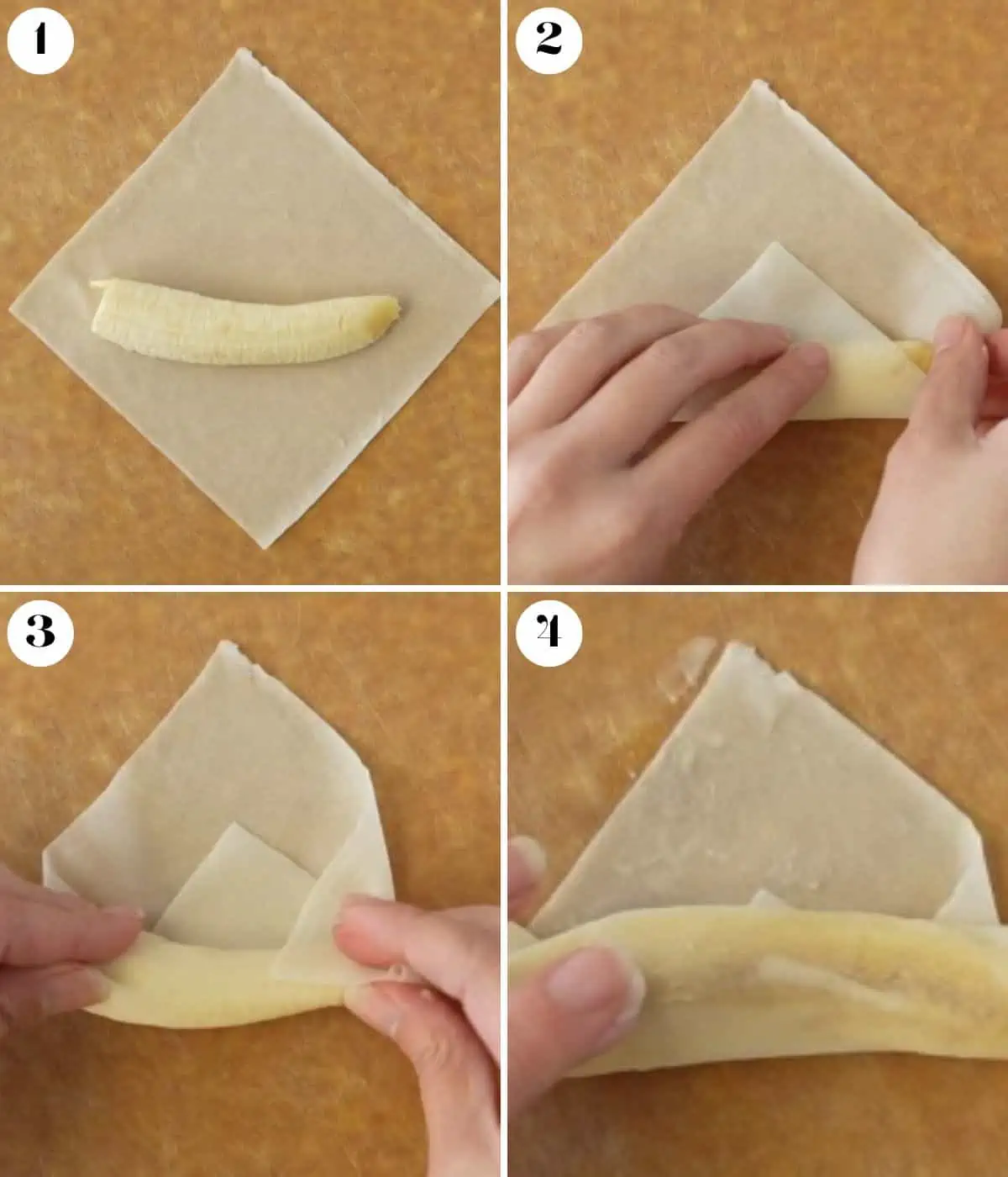 Four image collage showing how to roll the banana spring rolls.