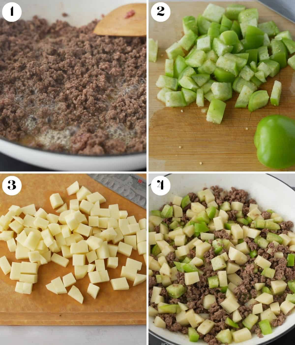 Four image collage on how to make the picadillo filling.