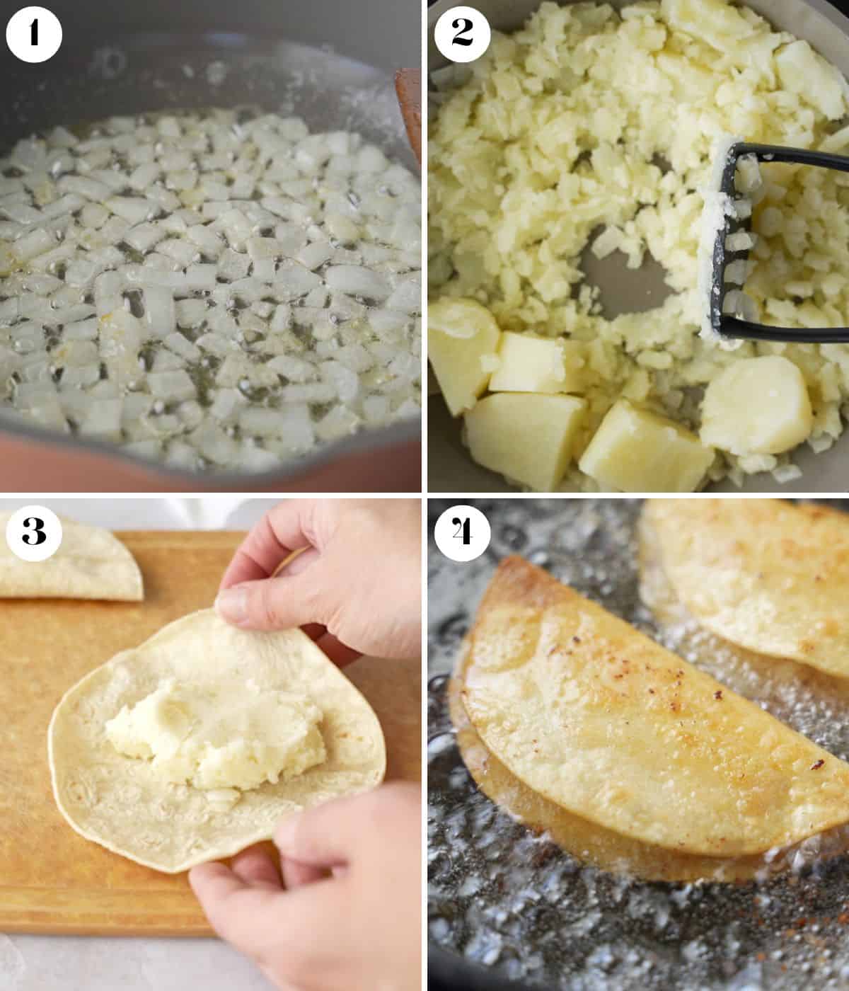 Four image collage showing how to make the fried potato tacos.
