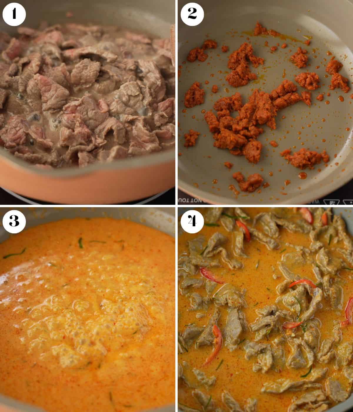 Four image collage on how to make panang beef curry.