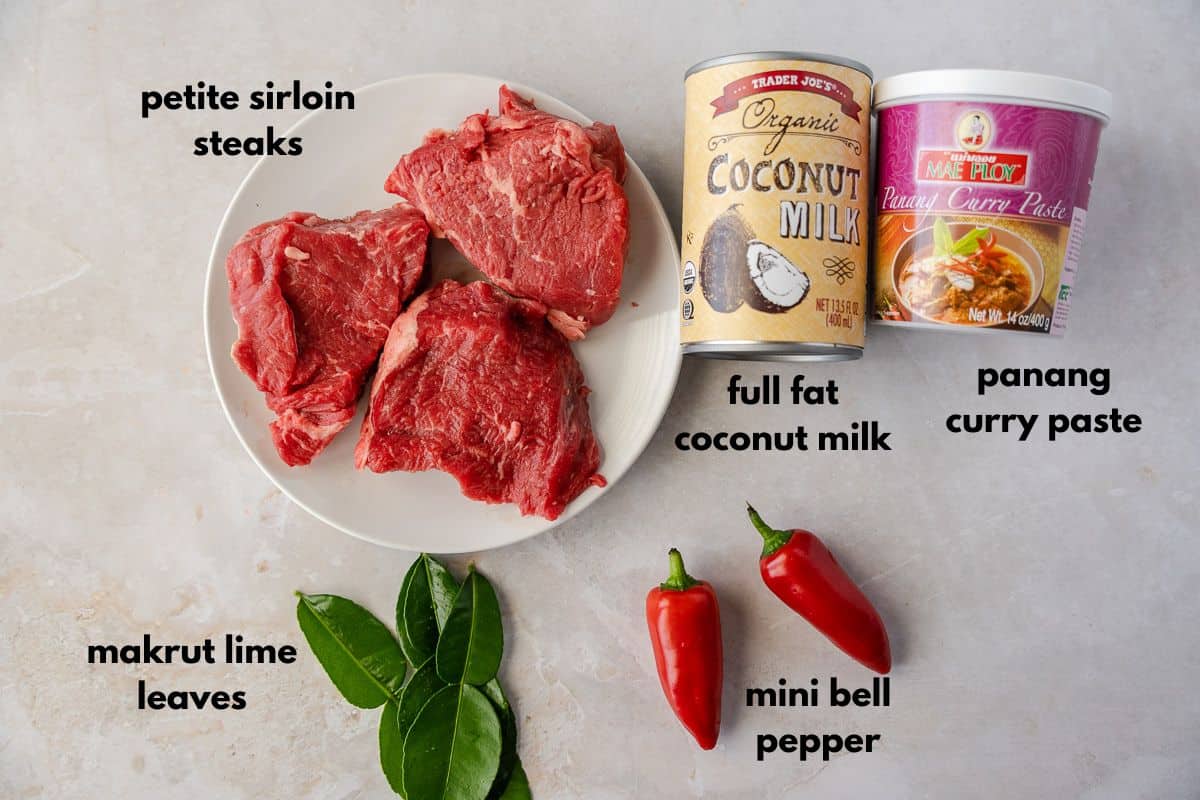 Ingredients: Steak, coconut milk, curry paste, lime leaves, red bell pepper.