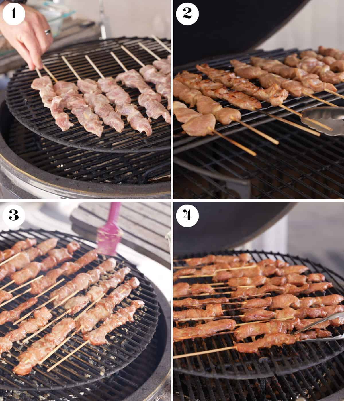 Four image collage showing skewers be placed on a grill, basting, and cooking.