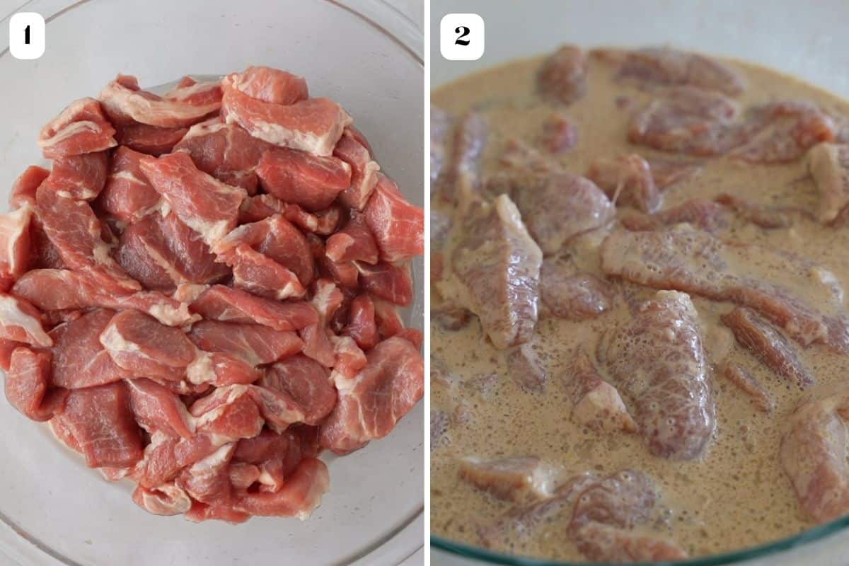 Two image collage showing sliced pork in a bowl and the other with a marinade.