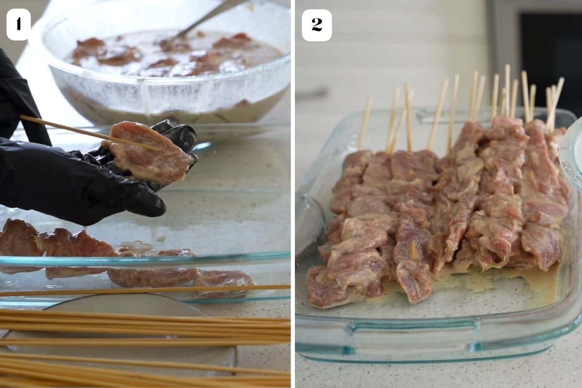 Two images in a collage showing how to skewer pork and the other with all the pork on skewers.