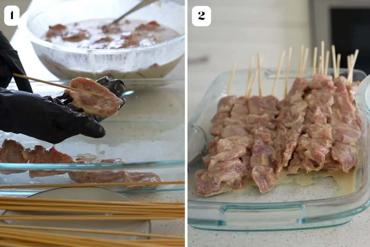 Two images in a collage showing how to skewer pork and the other with all the pork on skewers.