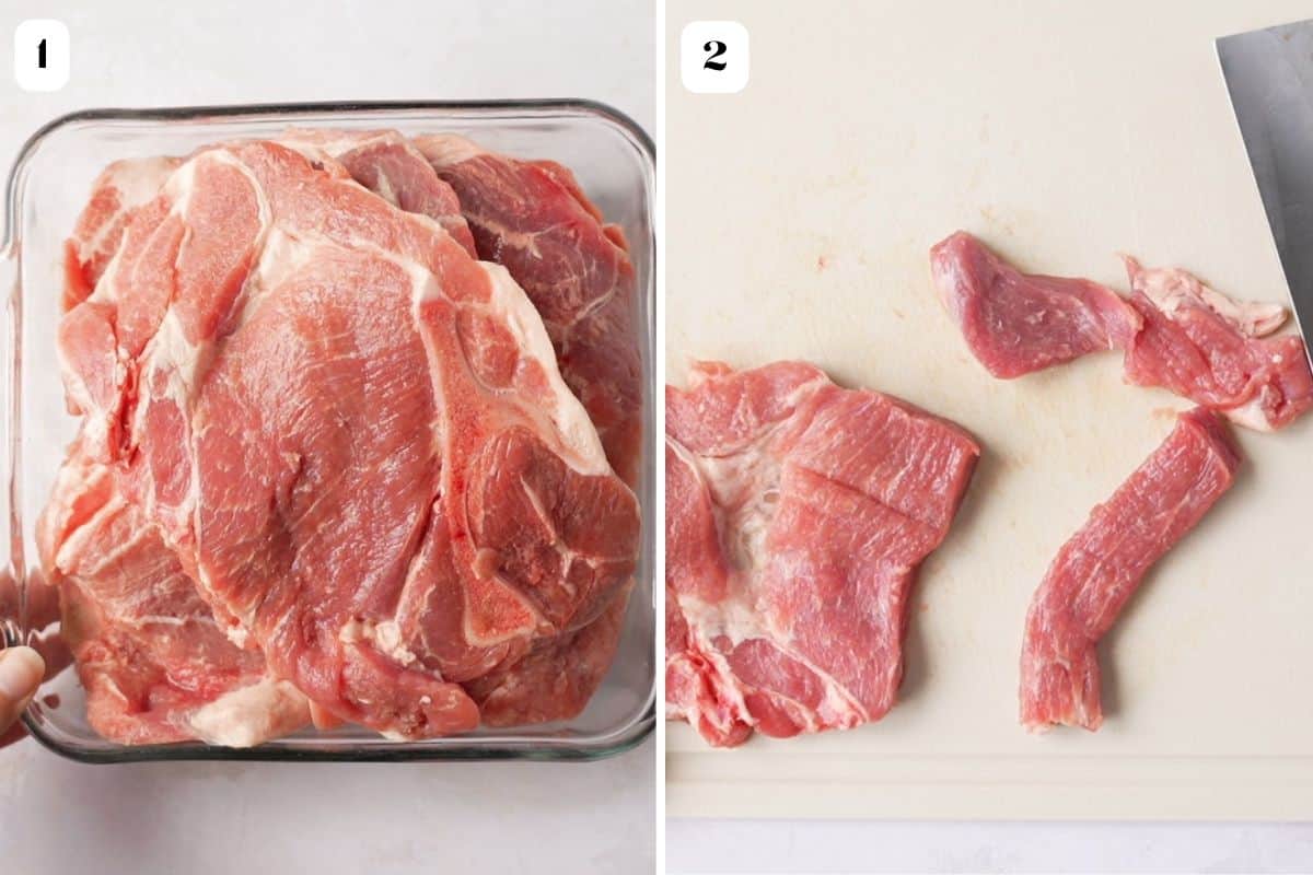 Two images in a collage showing whole pork shoulder and sliced pork shoulder.