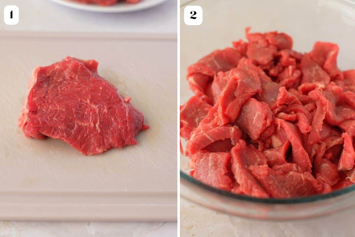 Two image collage, one showing steak whole and the other showing it sliced.