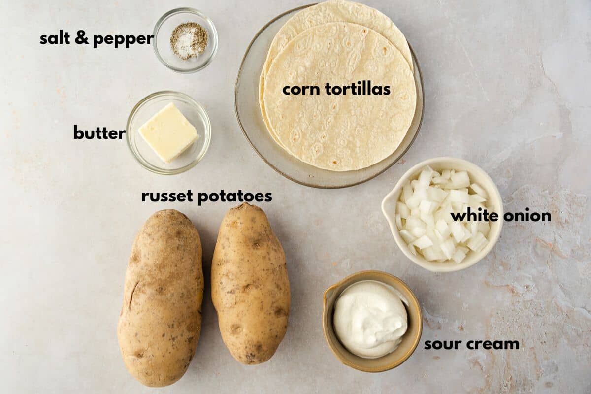 Ingredients with text, tortillas, onion, potato, butter, sour cream, salt and pepper.