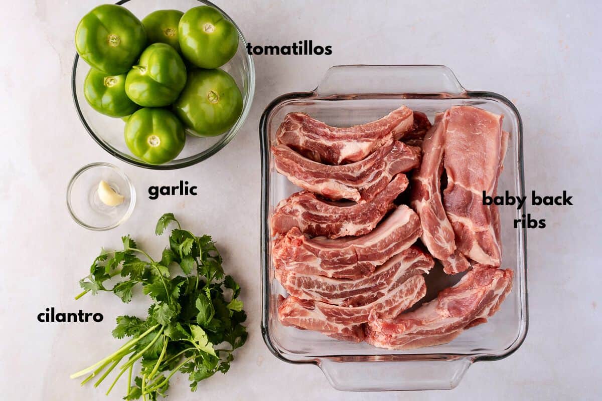Ingredients with text: tomatillos, baby back ribs, garlic, cilantro.