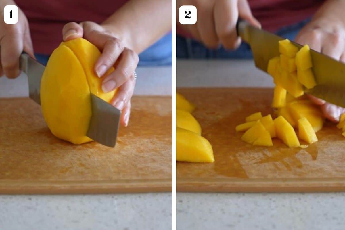 2 image collage showing how to dice a mango.