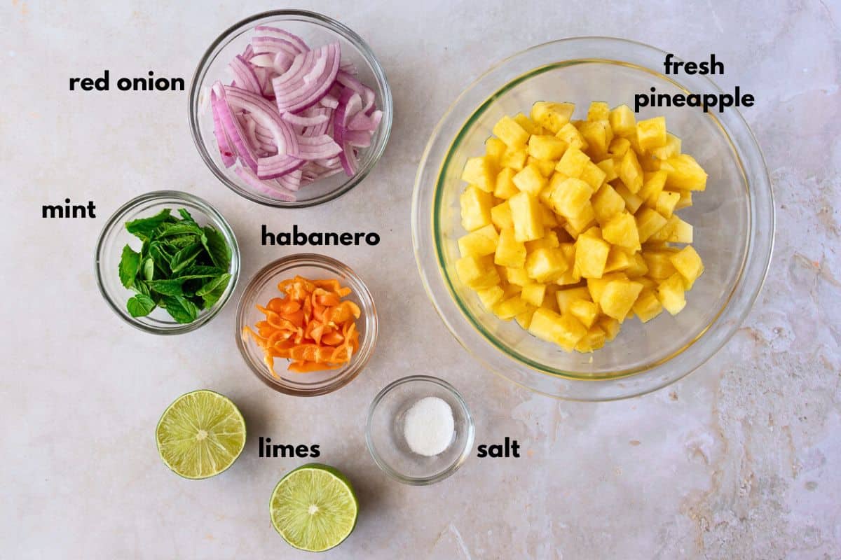 Ingredients labeled with text for pineapple salsa.