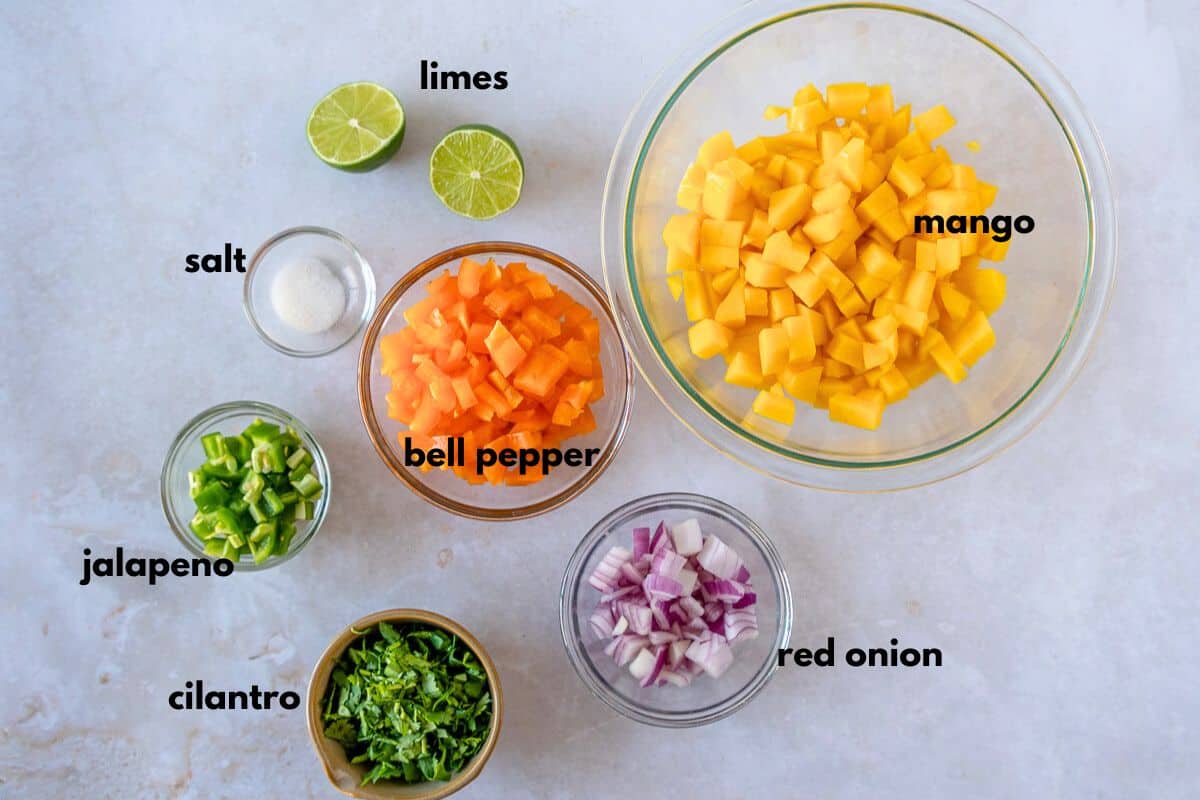 Ingredients for salsa de mango and text on each bowl.