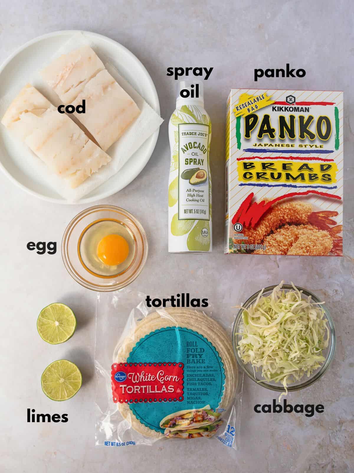 Ingredients labled with text for panko fish tacos.
