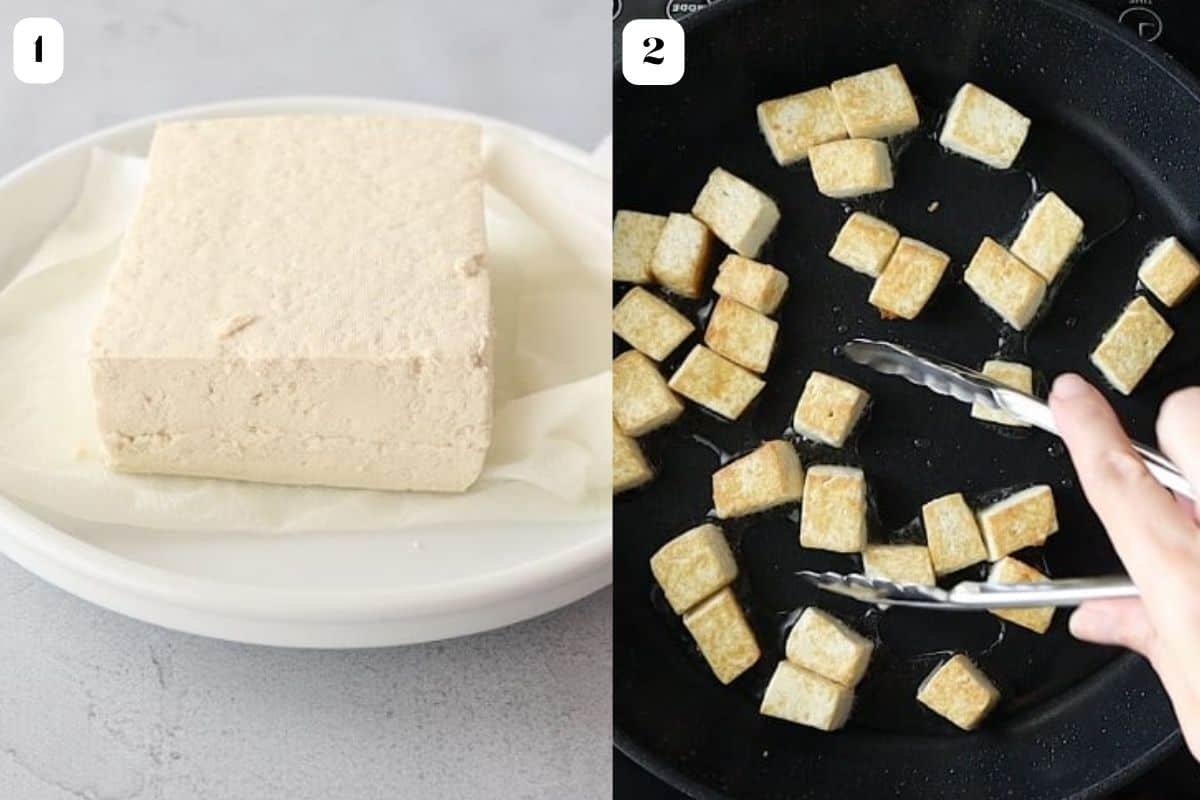 Two image collage showing tofu being pressed then fried.