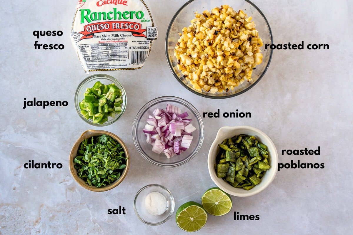 Ingredients labeled with text, (queso fresco, roasted corn, jalapeno, red onion, cilantro, roasted poblanos, salt, lime).