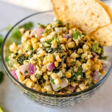 Corn Salsa in a glass bowl.