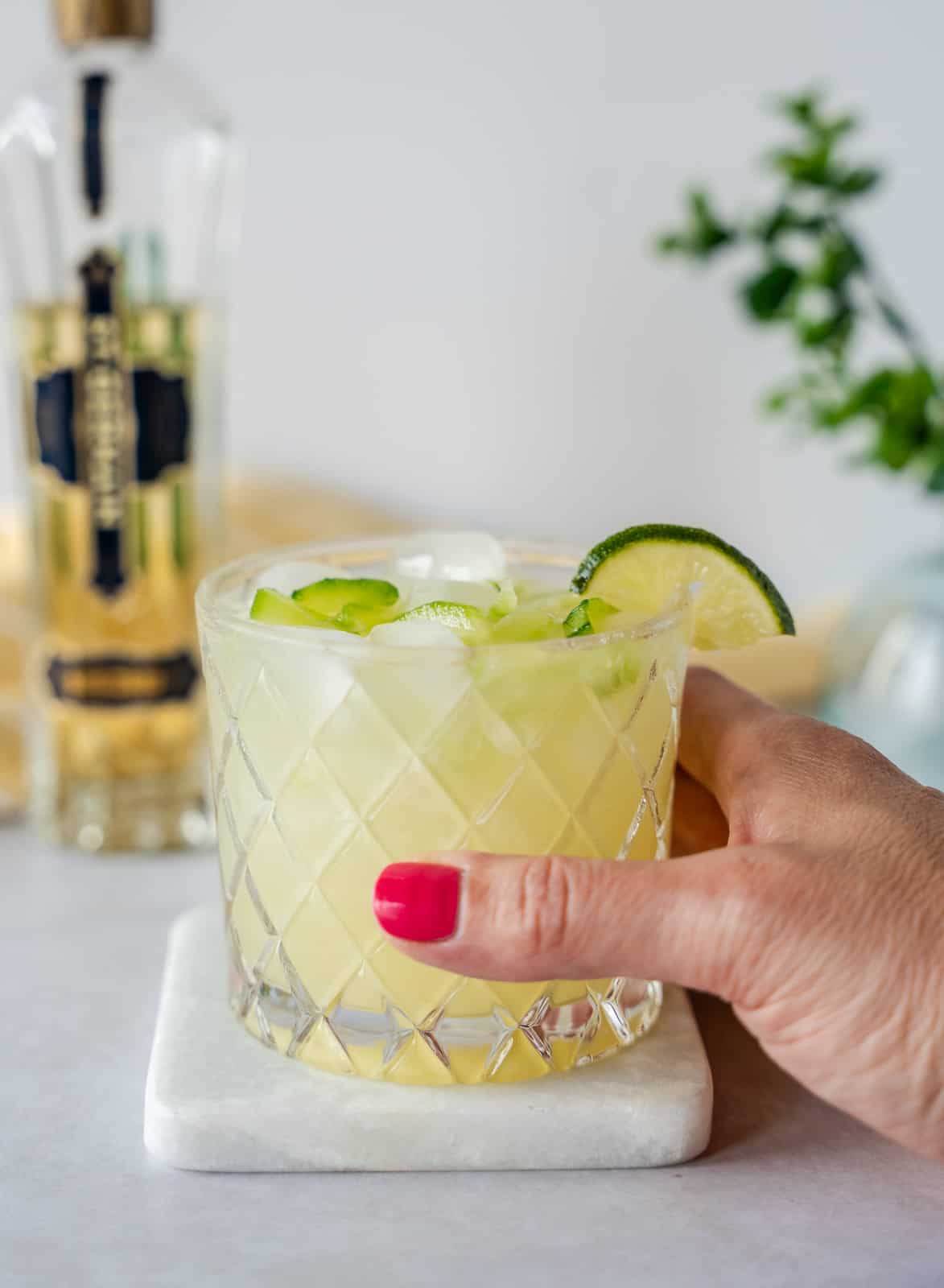 Hand holding a cocktail glass with a bottle in the background.