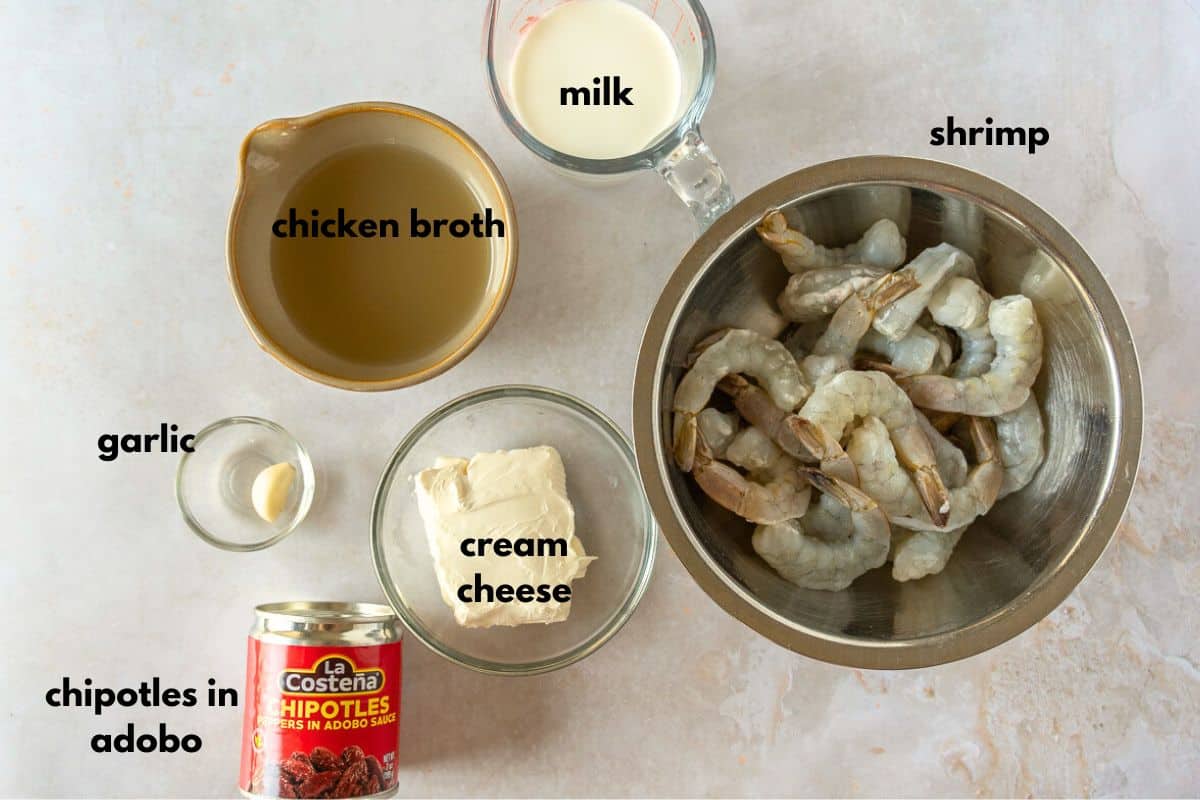Ingredients labeled with text: milk, chicken broth, shrimp, garlic, cream, cheese, and chipotles in adobo.