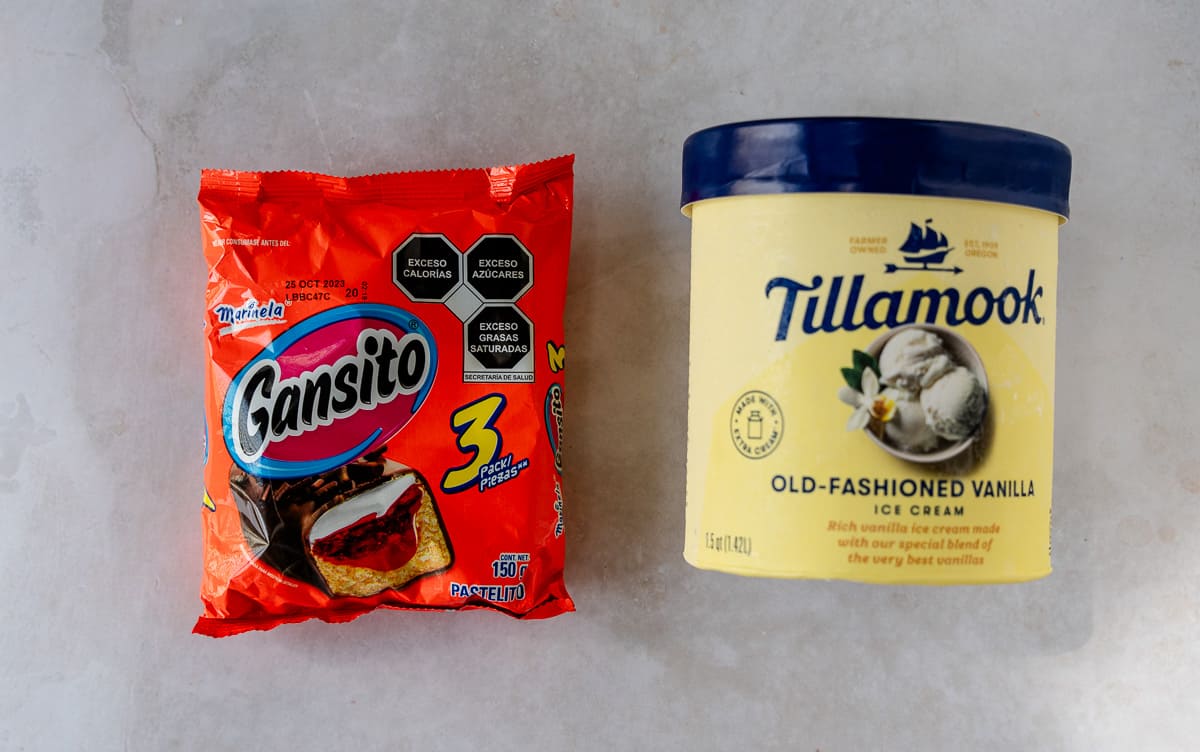 Package of Gansitos, and carton of vanilla ice cream.
