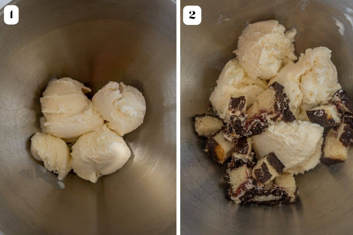 Two images of a mixing bowl, one with vanilla ice cream and the other with ice cream and gansito pieces.