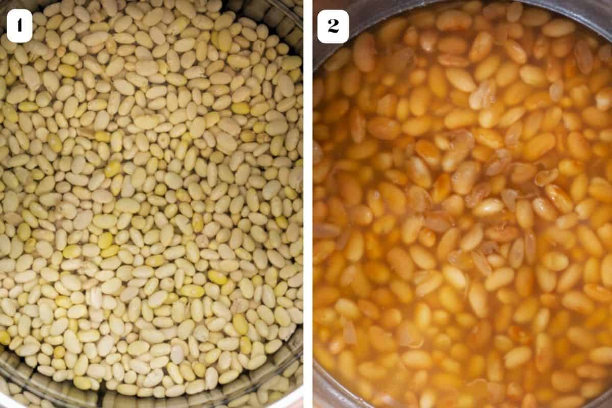 Collage showing uncooked beans in the instant pot and second image showing cooked beans.
