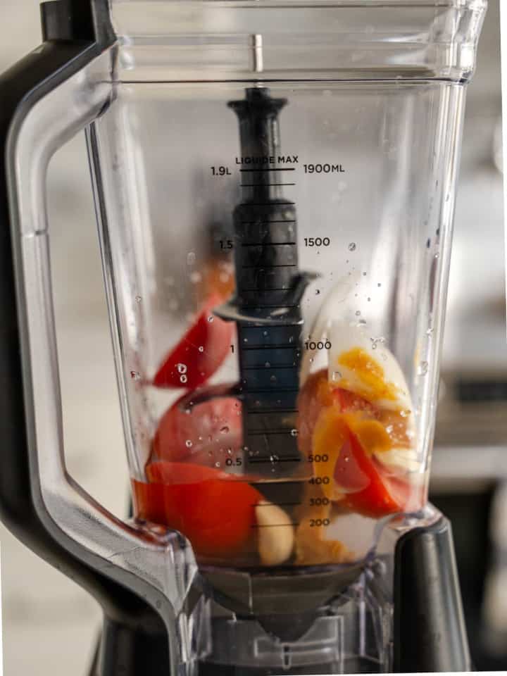 Tomato, onion, garlic, and chicken bouillon in a blender.