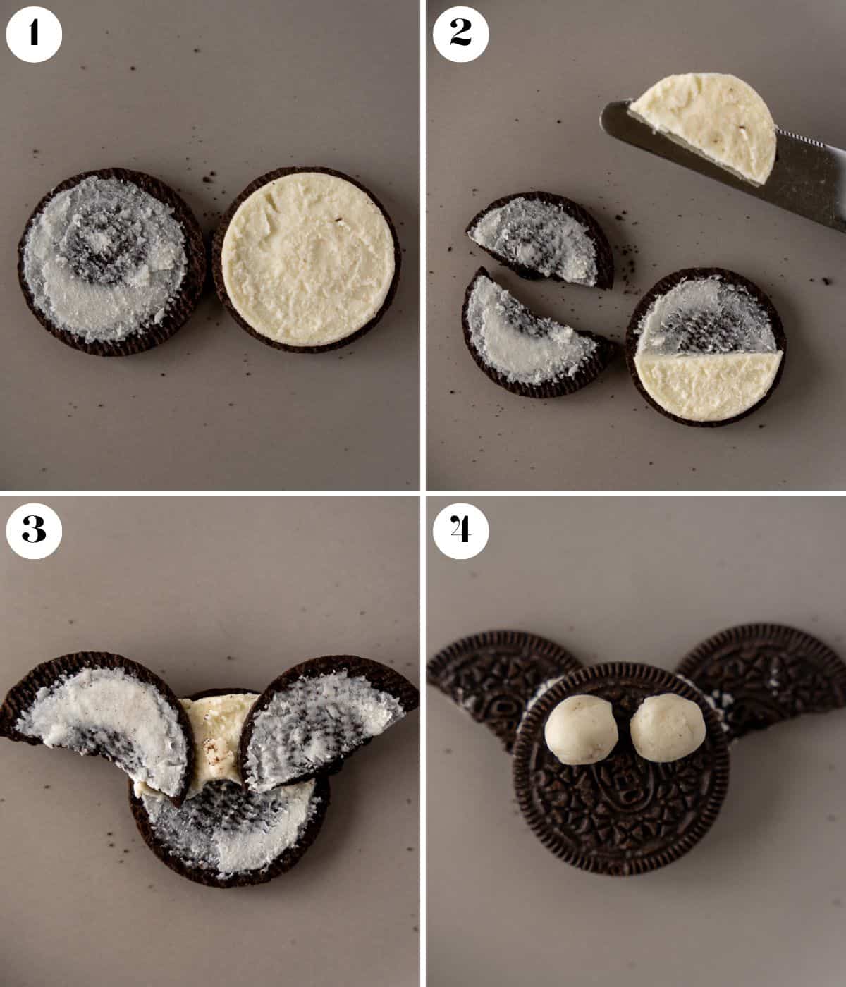 Collage of 4 images showing how to make an Oreo Bat treat.