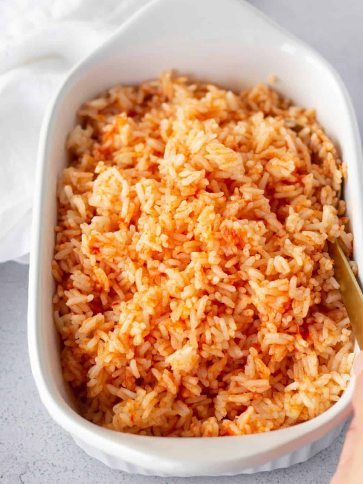 Mexican Rice in a white dish.