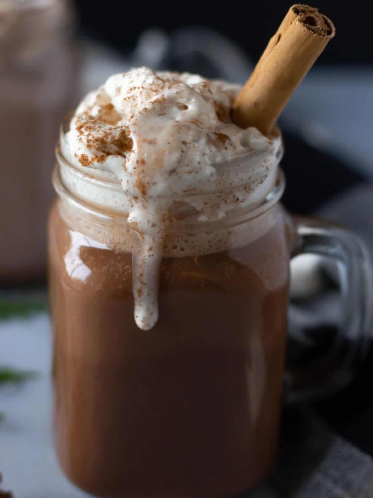 Glass mug filled with hot chocolate, topped with whipped cream and a cinnamon stick.