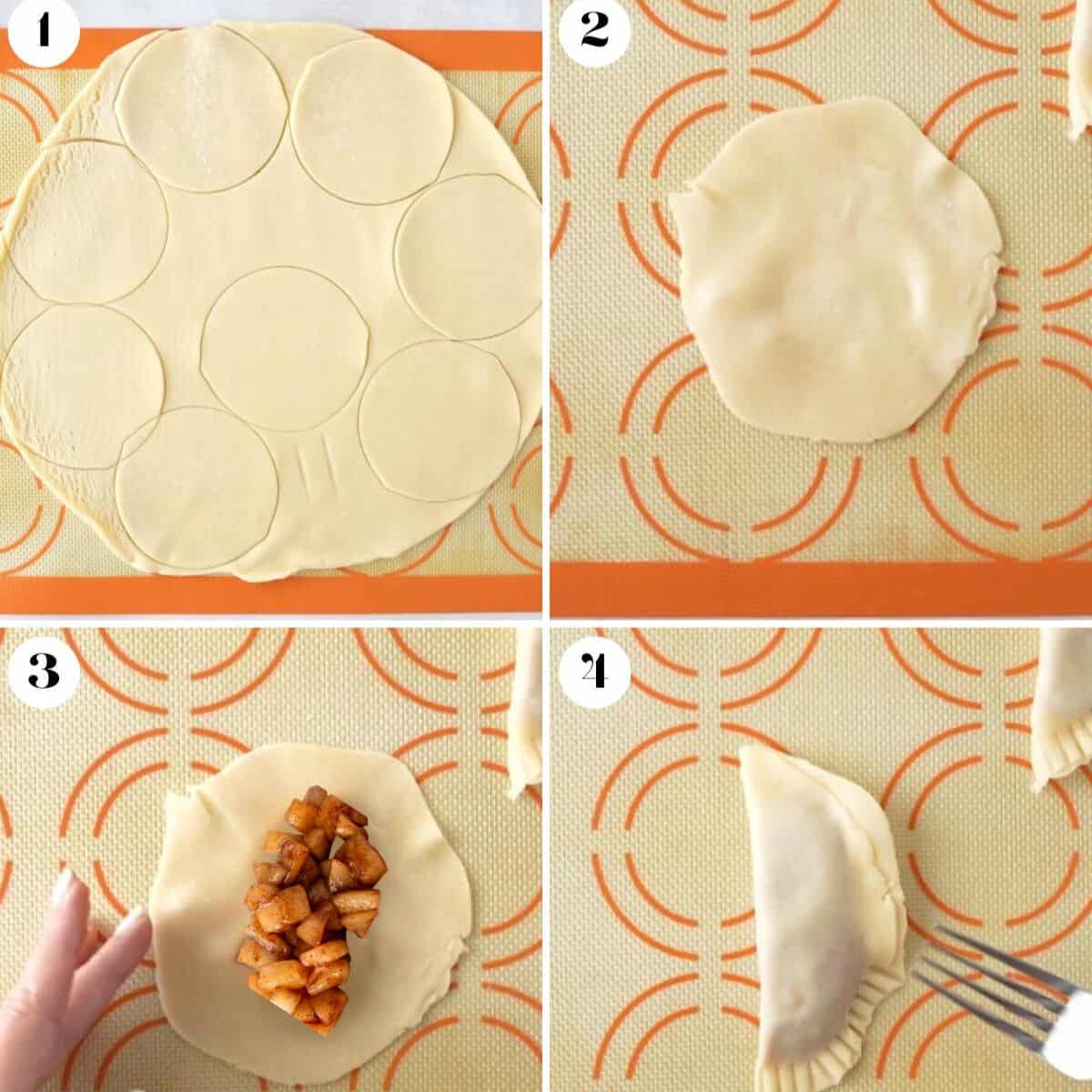 Collage of 4 images on how to make apple empanadas.