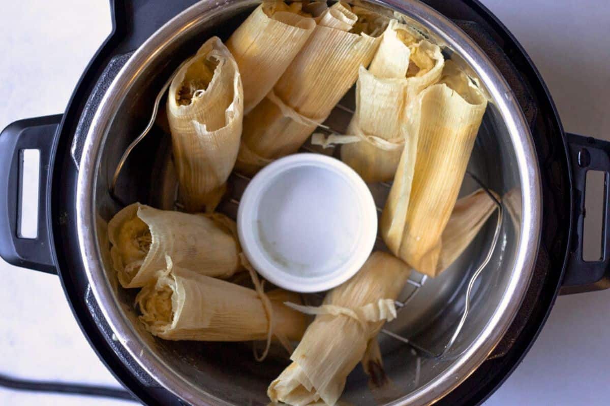 Cooked chicken tamales in the instant pot.