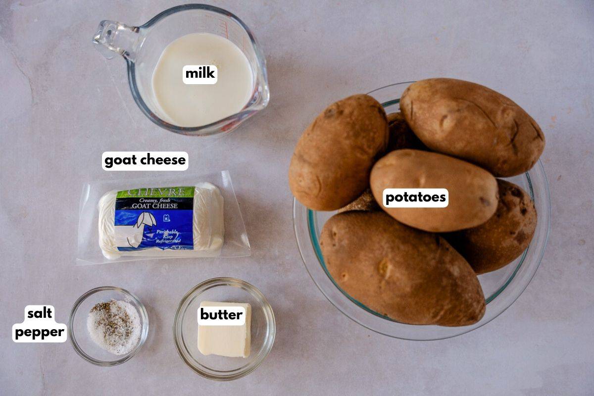 Ingredient with text, (milk, goat cheese, potatoes, butter, salt, and pepper).