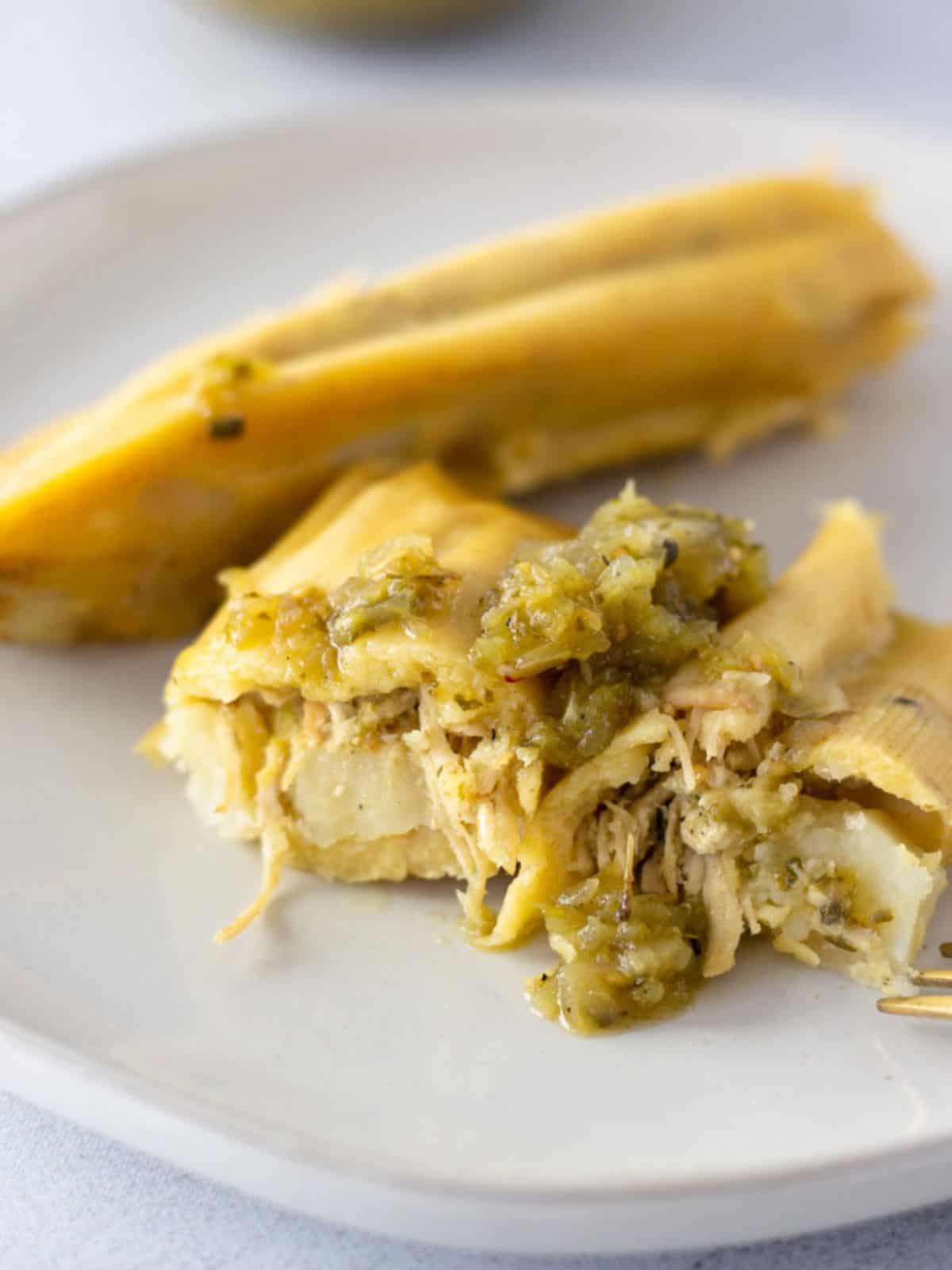 Chicken tamale on a plate, sliced open to show filling and topped with green salsa.
