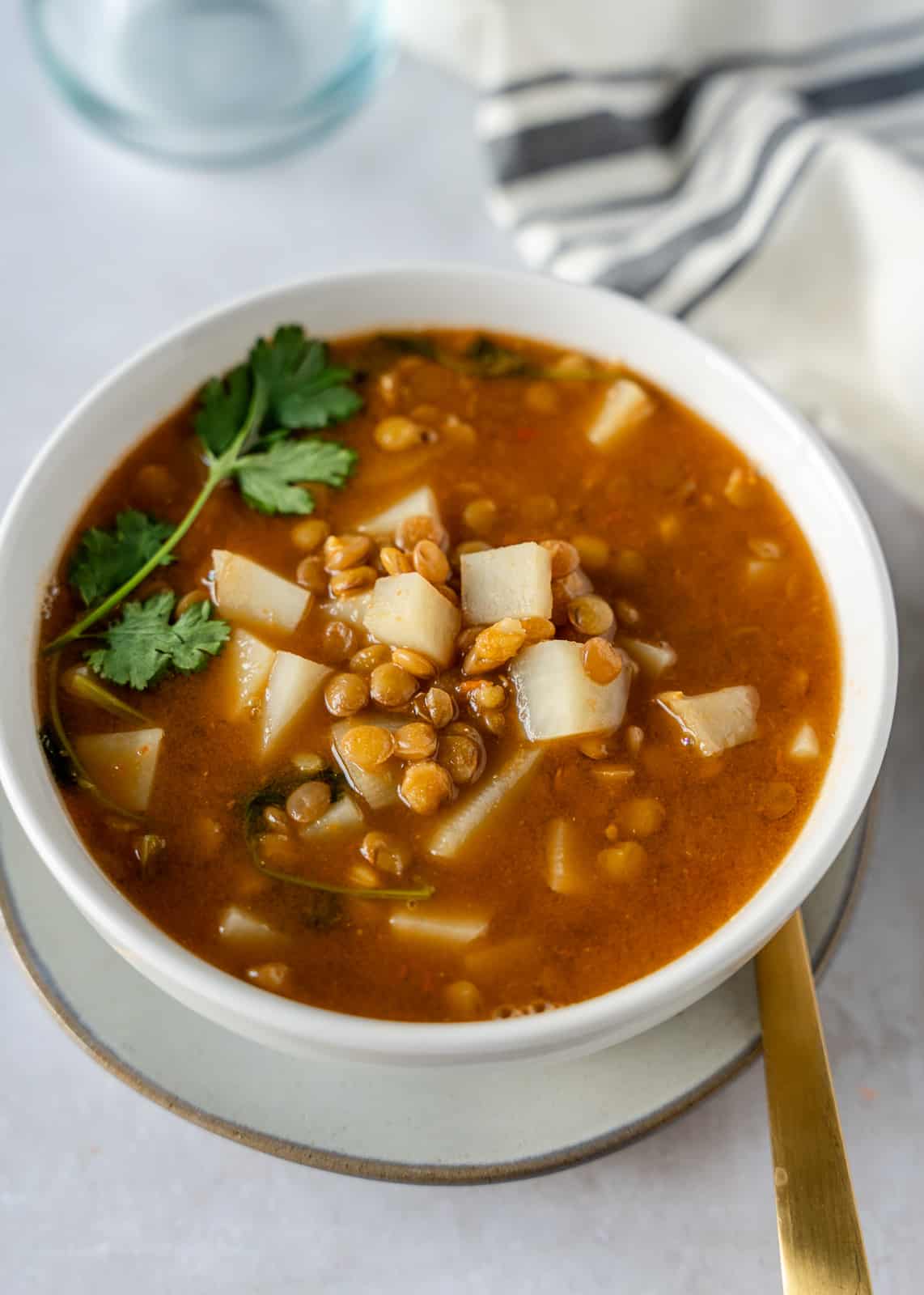 Mexican lentil soup in a white bowl with a gold spoon.