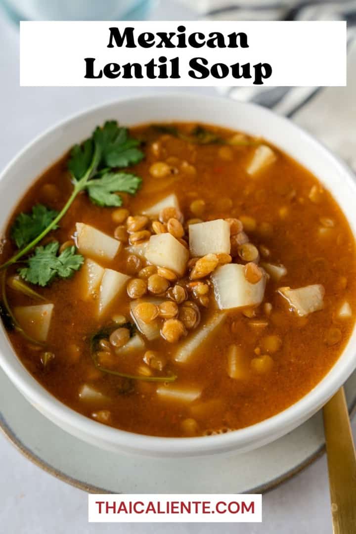 Mexican lentil soup Pinterest image with text.